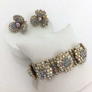 Vintage AB Aurora Borealis Rhinestone Bracelet & Clip Earrings Pink Blue Floral